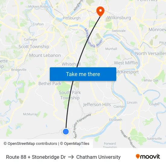 Route 88 + Stonebridge Dr to Chatham University map