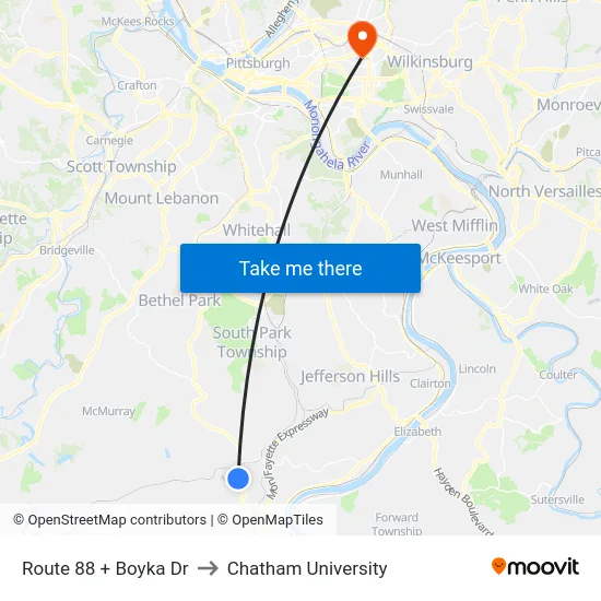 Route 88 + Boyka Dr to Chatham University map