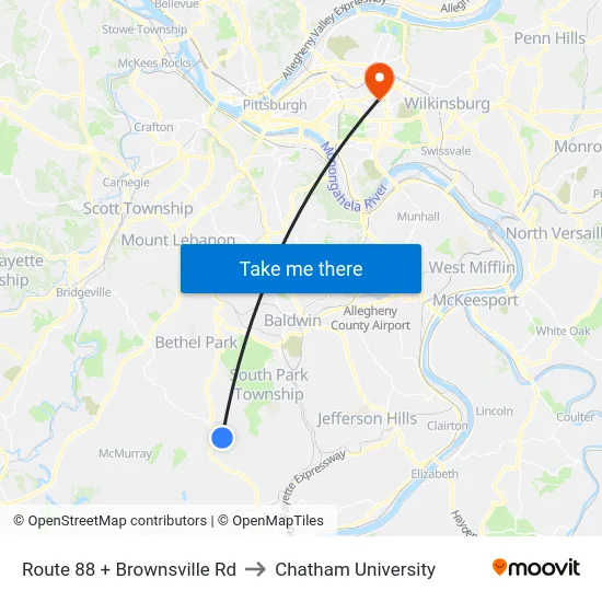 Route 88 + Brownsville Rd to Chatham University map