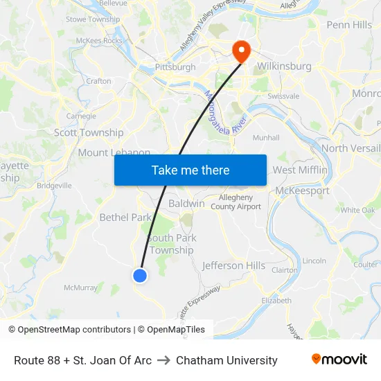 Route 88 + St. Joan Of Arc to Chatham University map