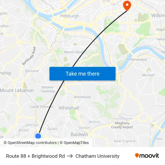 Route 88 + Brightwood Rd to Chatham University map