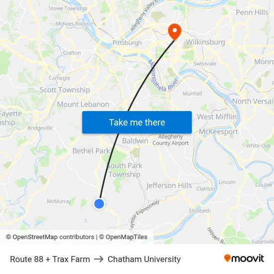 Route 88 + Trax Farm to Chatham University map