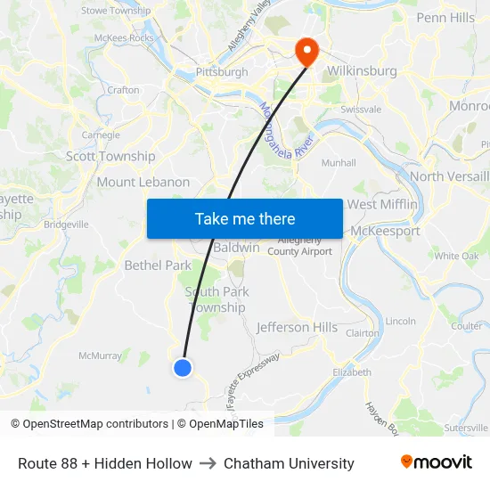 Route 88 + Hidden Hollow to Chatham University map