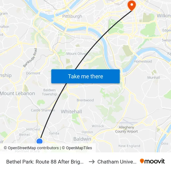 Bethel Park: Route 88 After Brightwood to Chatham University map