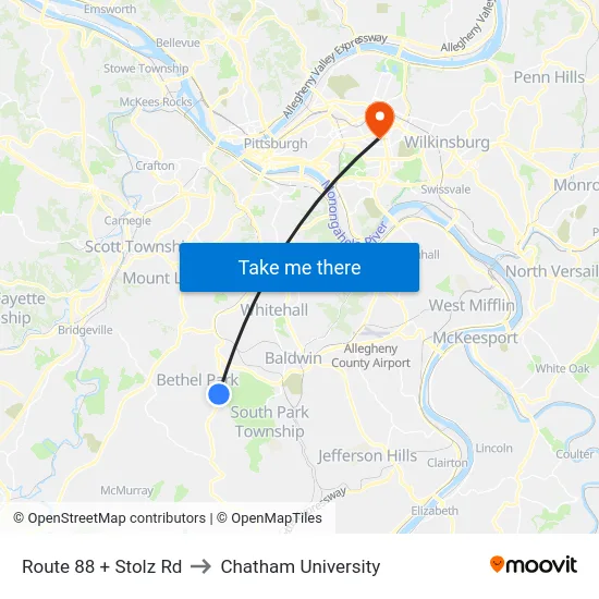Route 88 + Stolz Rd to Chatham University map