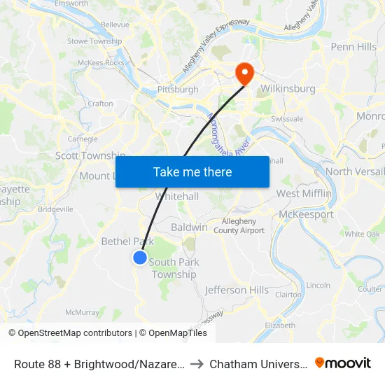 Route 88 + Brightwood/Nazarene to Chatham University map