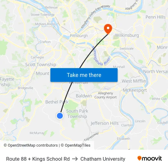 Route 88 + Kings School Rd to Chatham University map