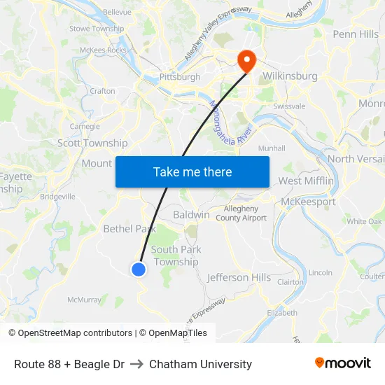 Route 88 + Beagle  Dr to Chatham University map