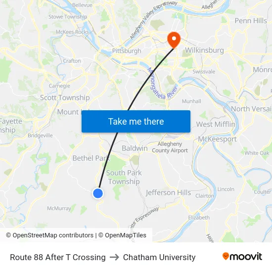 Route 88 After T Crossing to Chatham University map