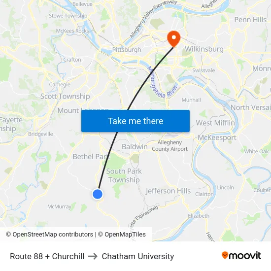 Route 88 + Churchill to Chatham University map