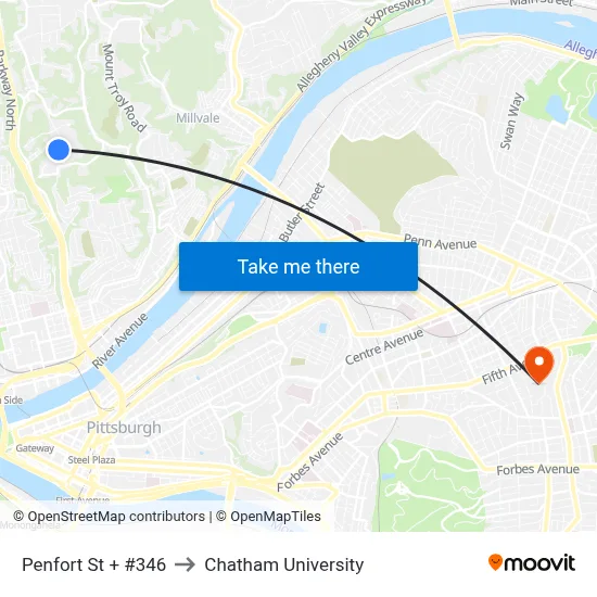 Penfort St + #346 to Chatham University map