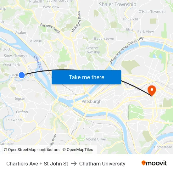 Chartiers Ave + St John St to Chatham University map