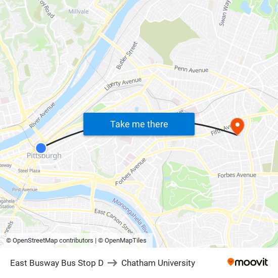 East Busway Bus Stop D to Chatham University map