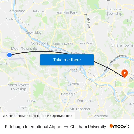 Pittsburgh International Airport to Chatham University map