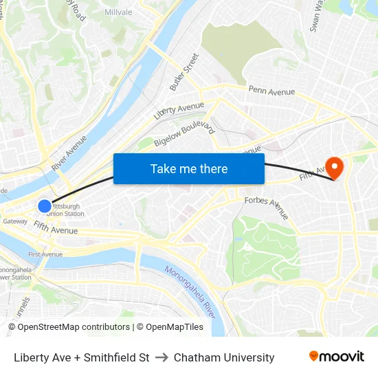 Liberty Ave + Smithfield St to Chatham University map