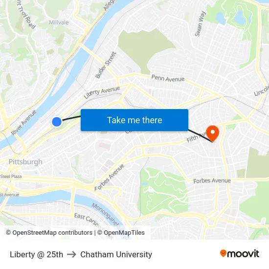 Liberty @ 25th to Chatham University map