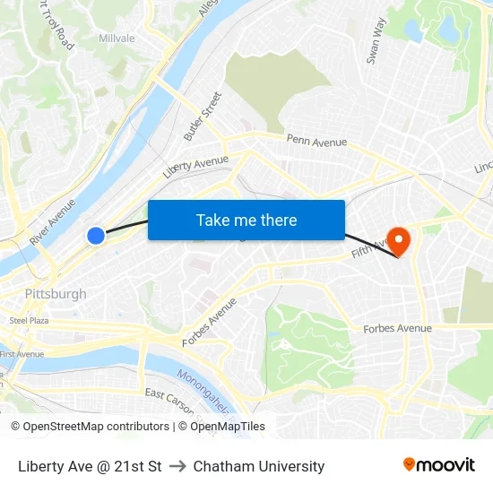 Liberty Ave @ 21st St to Chatham University map