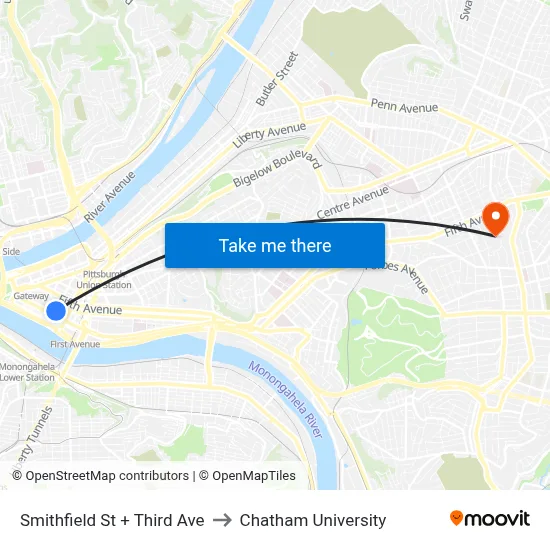 Smithfield St + Third Ave to Chatham University map