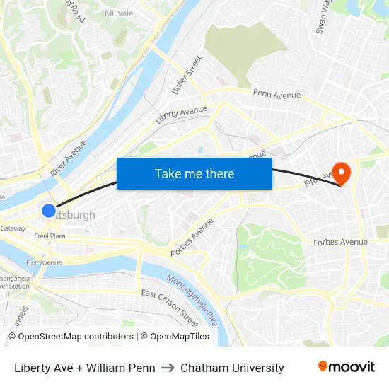 Liberty Ave + William Penn to Chatham University map