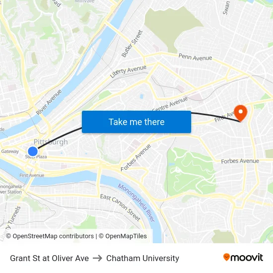 Grant St at Oliver Ave to Chatham University map