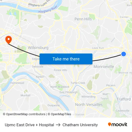 Upmc East Drive + Hospital to Chatham University map