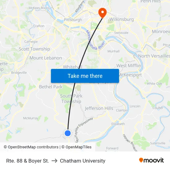 Rte. 88 & Boyer St. to Chatham University map
