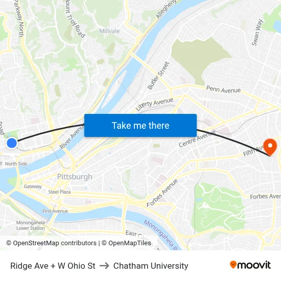 Ridge Ave + W Ohio St to Chatham University map