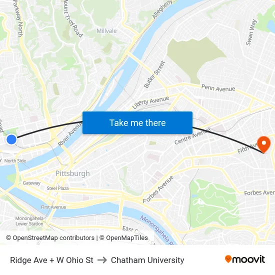 Ridge Ave + W Ohio St to Chatham University map