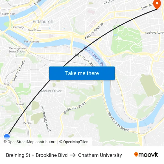 Breining St + Brookline Blvd to Chatham University map
