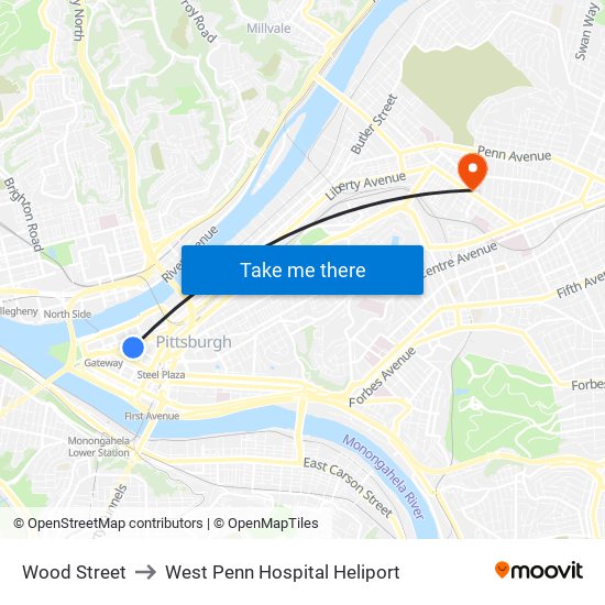 Wood Street to West Penn Hospital Heliport map