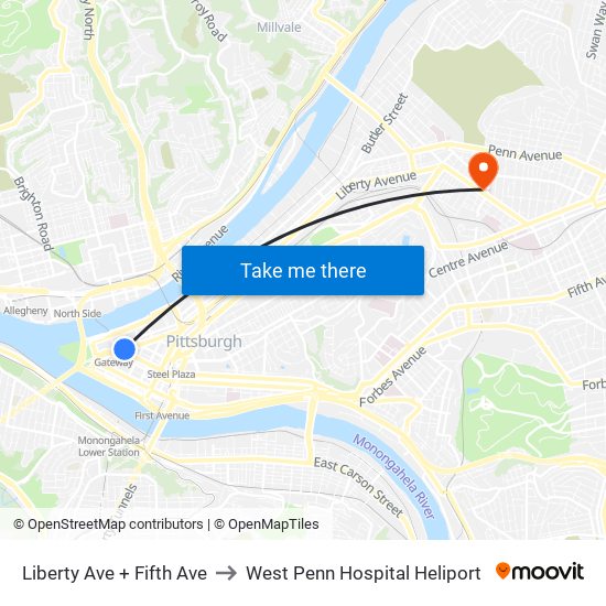 Liberty Ave + Fifth Ave to West Penn Hospital Heliport map