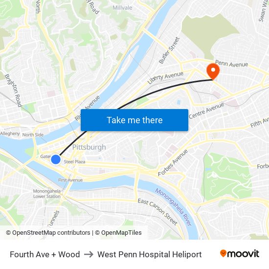 Fourth Ave + Wood to West Penn Hospital Heliport map