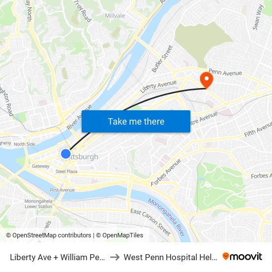 Liberty Ave + William Penn Pl to West Penn Hospital Heliport map