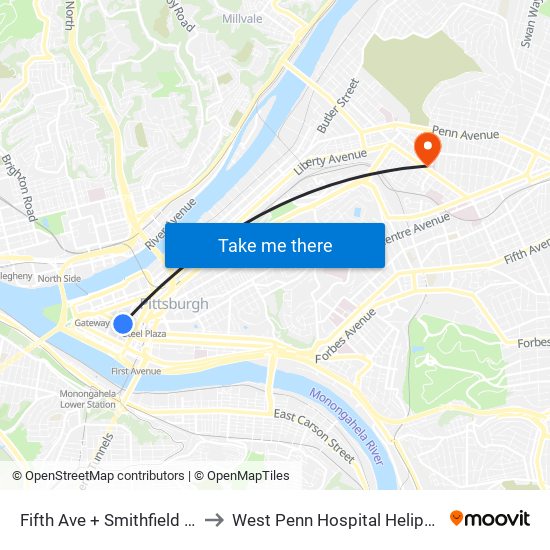 Fifth Ave + Smithfield St to West Penn Hospital Heliport map