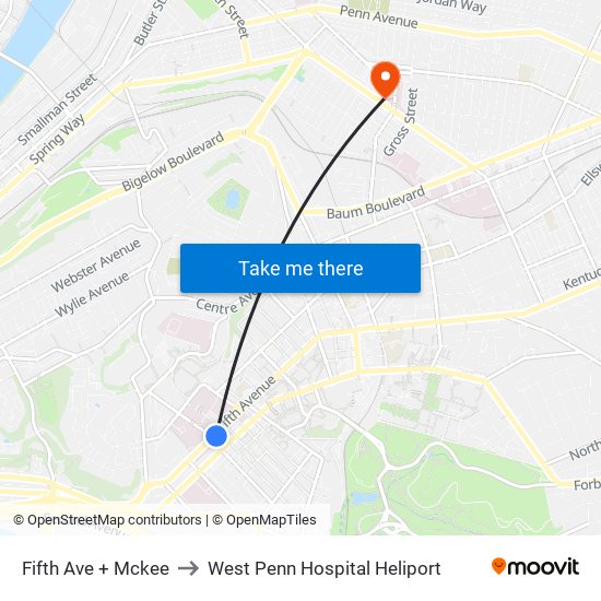Fifth Ave + Mckee to West Penn Hospital Heliport map