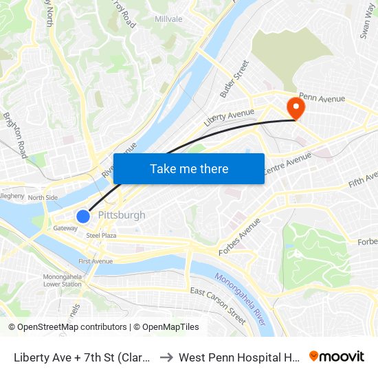 Liberty Ave + 7th St (Clark Bldg) to West Penn Hospital Heliport map