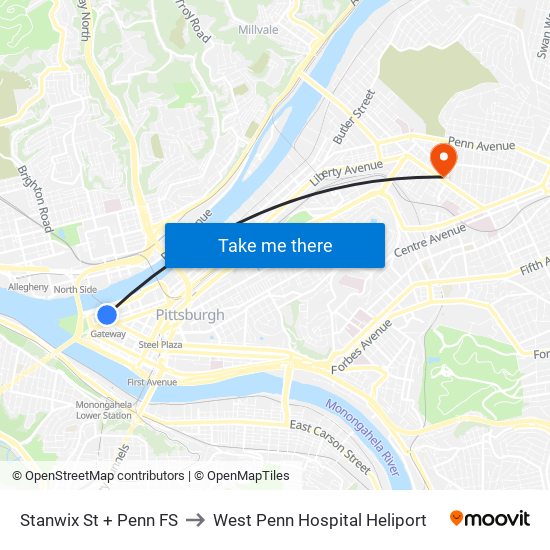 Stanwix St + Penn FS to West Penn Hospital Heliport map