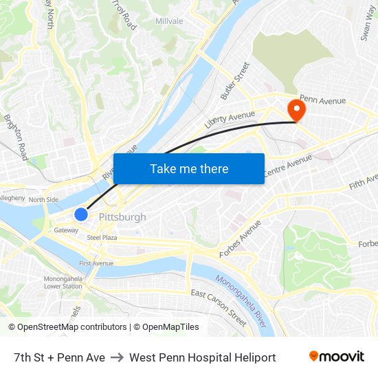 7th St + Penn Ave to West Penn Hospital Heliport map