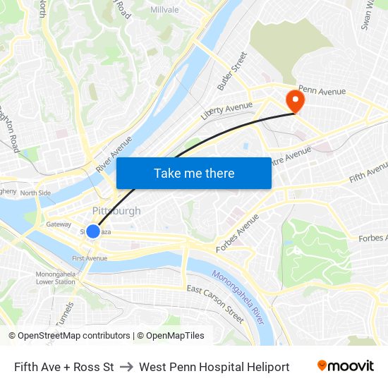 Fifth Ave + Ross St to West Penn Hospital Heliport map