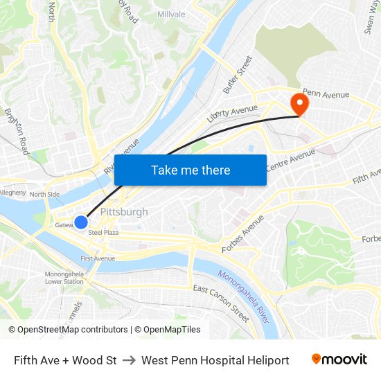 Fifth Ave + Wood St to West Penn Hospital Heliport map