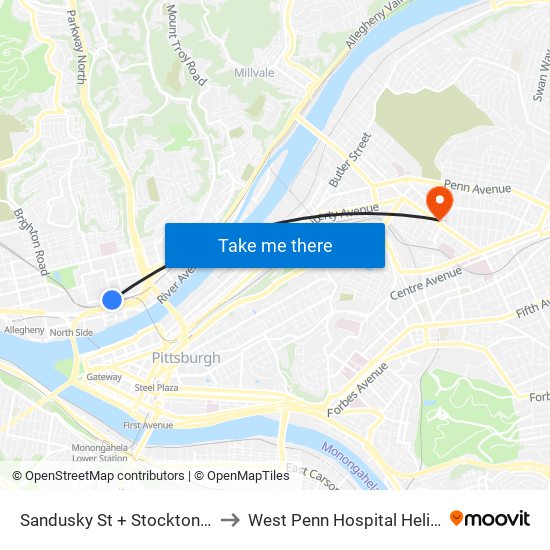 Sandusky St + Stockton Ave to West Penn Hospital Heliport map