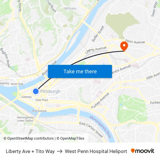 Liberty Ave + Tito Way to West Penn Hospital Heliport map