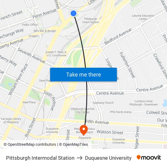 Pittsburgh Intermodal Station to Duquesne University map