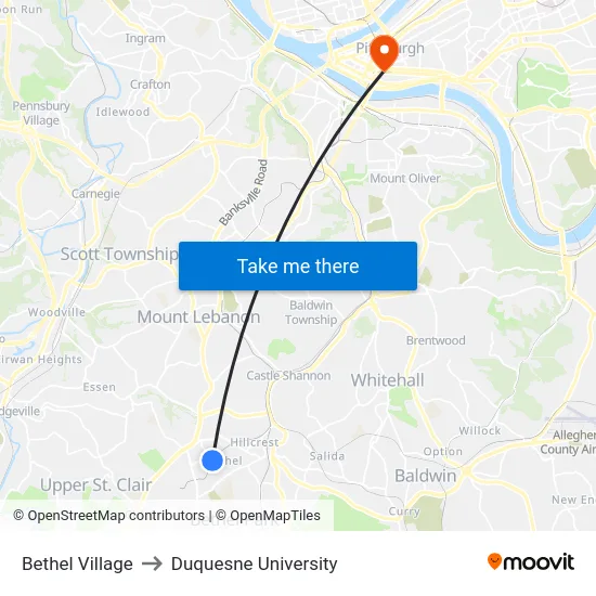 Bethel Village to Duquesne University map