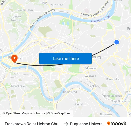 Frankstown Rd at Hebron Church to Duquesne University map