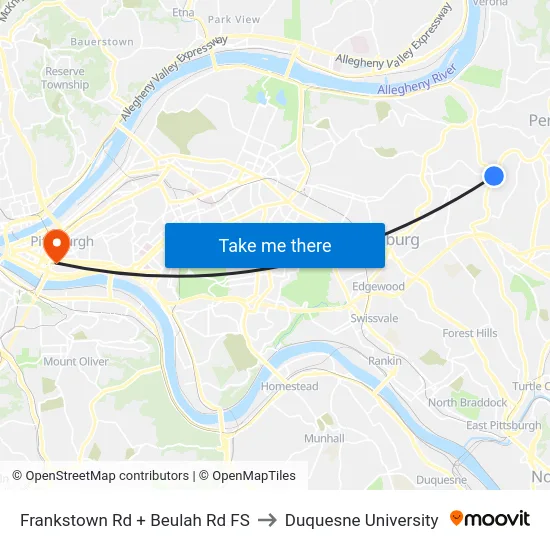 Frankstown Rd + Beulah Rd FS to Duquesne University map