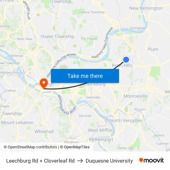 Leechburg Rd + Cloverleaf Rd to Duquesne University map