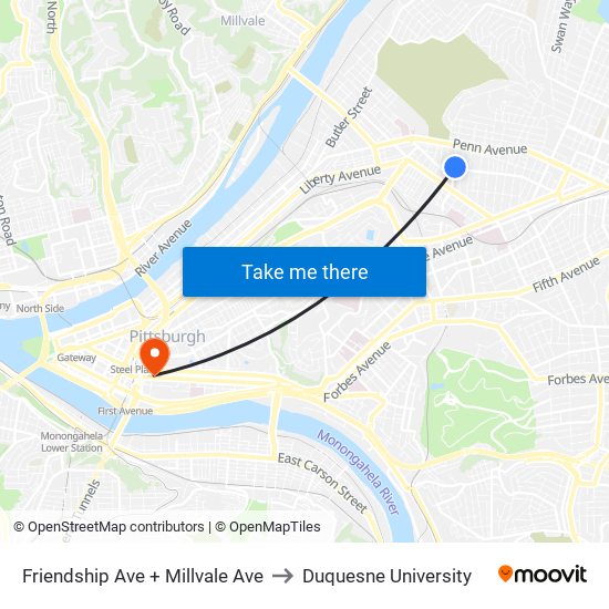 Friendship Ave + Millvale Ave to Duquesne University map