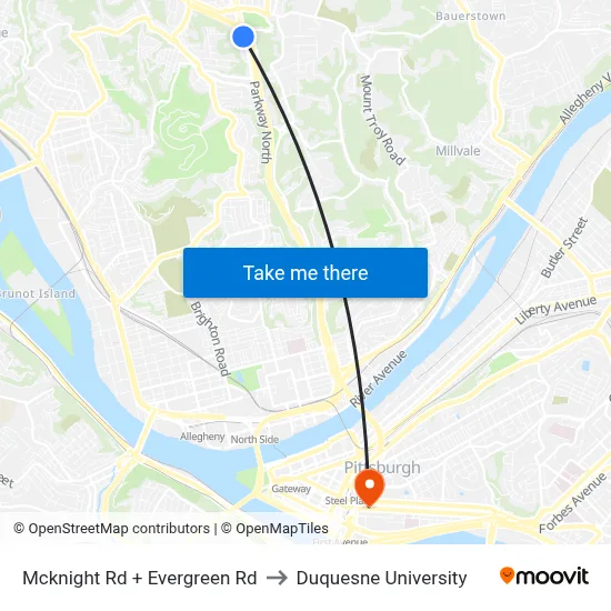 Mcknight Rd + Evergreen Rd to Duquesne University map