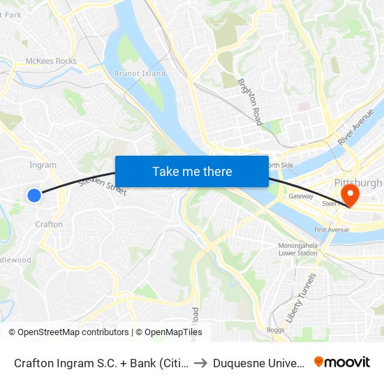 Crafton Ingram S.C. + Bank (Citizens) to Duquesne University map